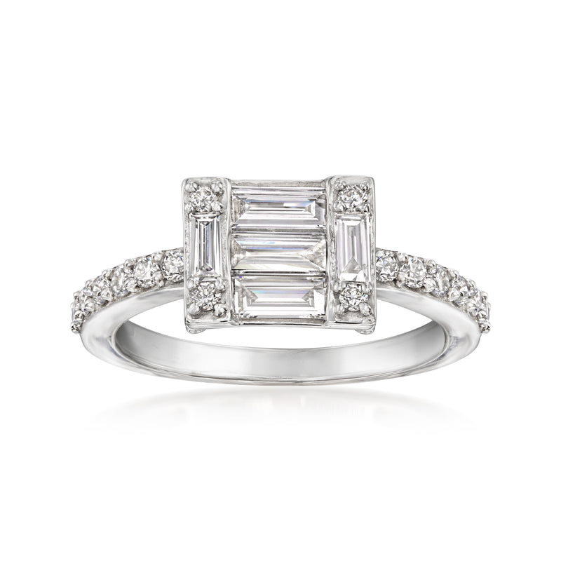 Sterling silver diamond ring with baguette center and pave band