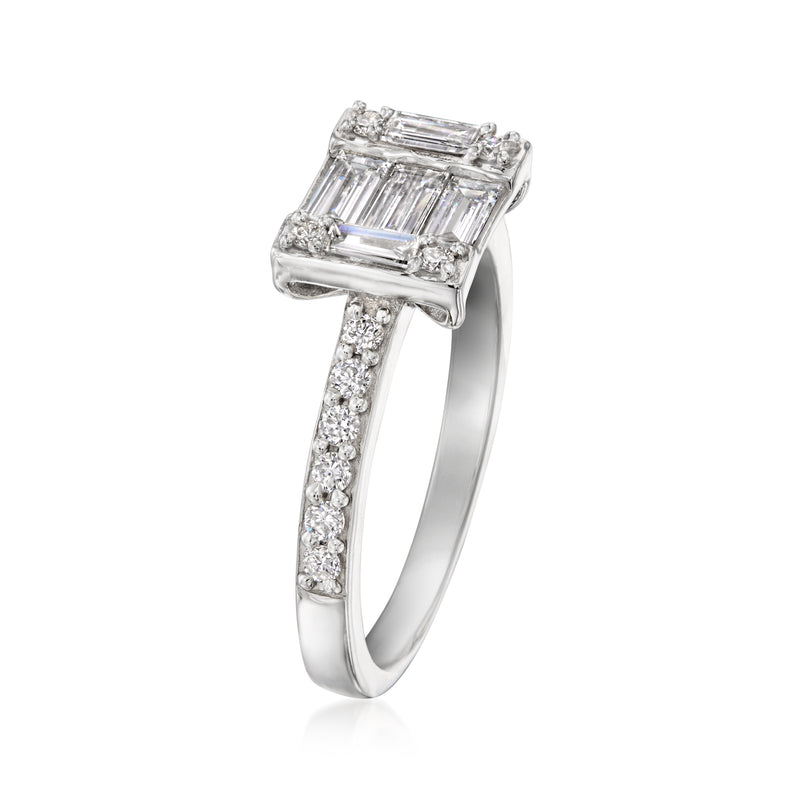 Sterling silver lab-grown diamond ring with emerald-cut center and pavé band