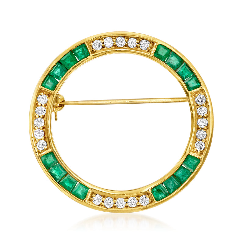 18kt yellow gold circle pin with green emerald channel and white diamond accents