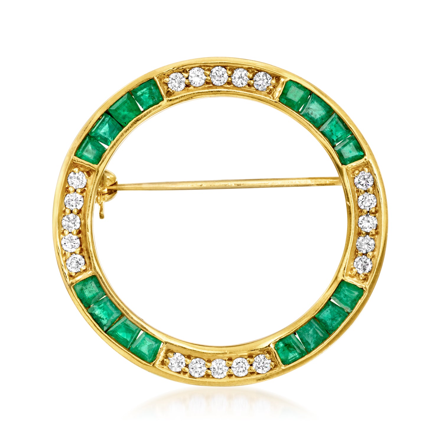 C. 1980 Vintage 1.60 ct. t.w. Emerald and .60 ct. t.w. Diamond Circle Pin in 18kt Yellow Gold