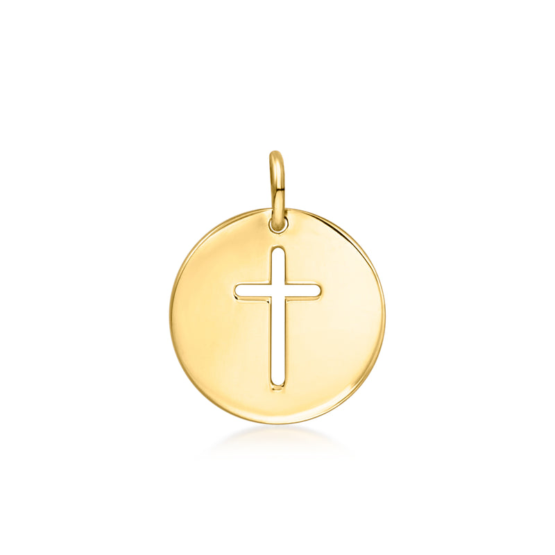 14kt yellow gold round disc pendant with cross cutout