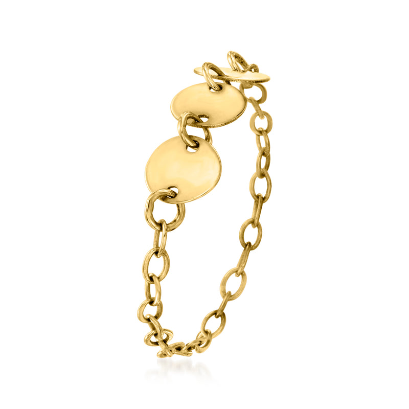 Yellow gold disc cable-chain ring with three round polished disc links
