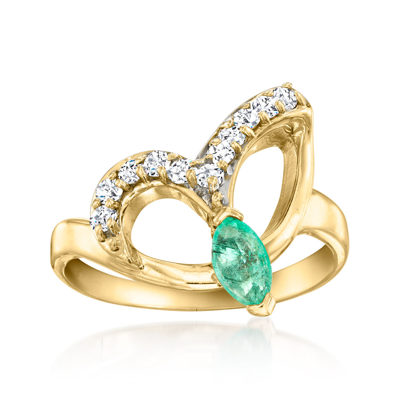 10kt yellow gold ring with emerald-green oval center and diamond halo