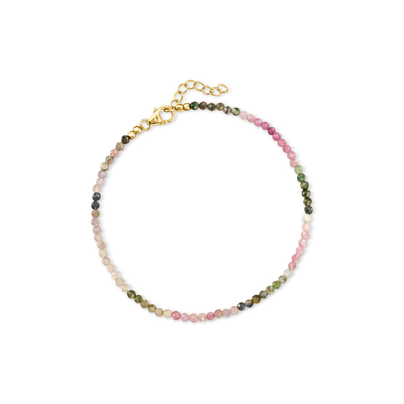 Multicolored tourmaline bead anklet with gold-tone clasp on a round bead strand