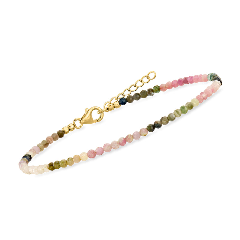Multicolored tourmaline bead anklet with gold-tone chain clasp and mixed-color beads