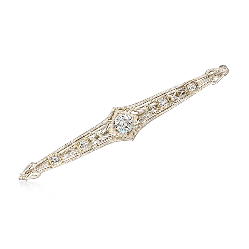 Diamond filigree bar pin in white gold with geometric prong-set stones