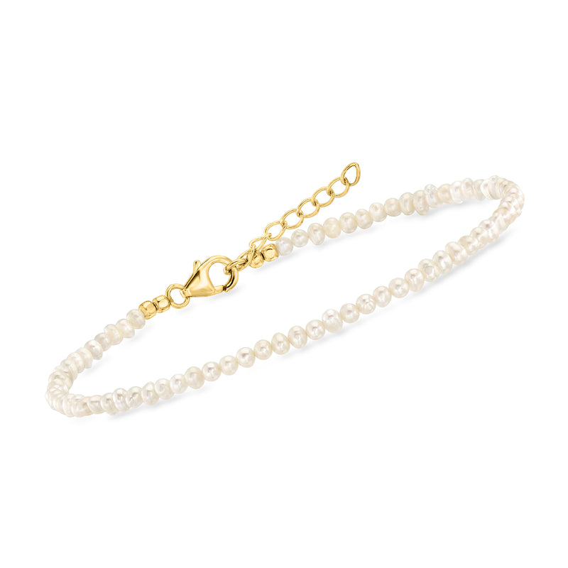 3–4 mm cultured pearl anklet with 18kt gold over sterling clasp, angled view
