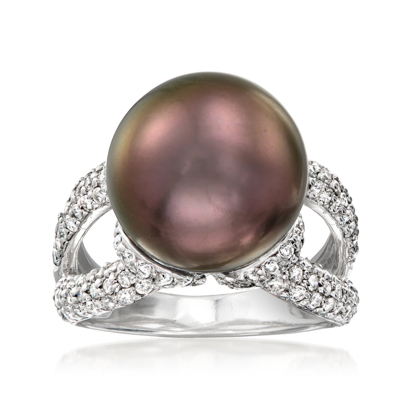 Cultured black pearl ring with pave diamonds on white gold band