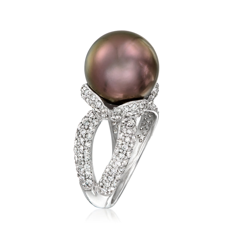 Vintage black cultured pearl ring in white gold with diamond accents