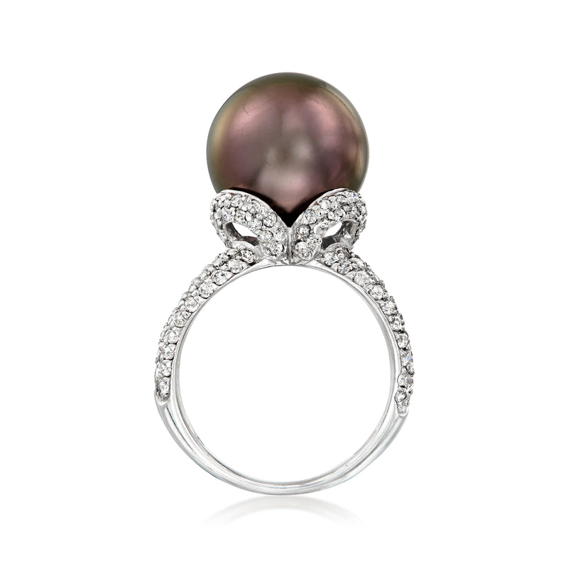 Black cultured pearl ring with diamond bow details in white gold