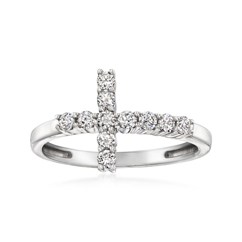 Sterling silver sideways cross ring with round lab-grown diamonds, prong-set
