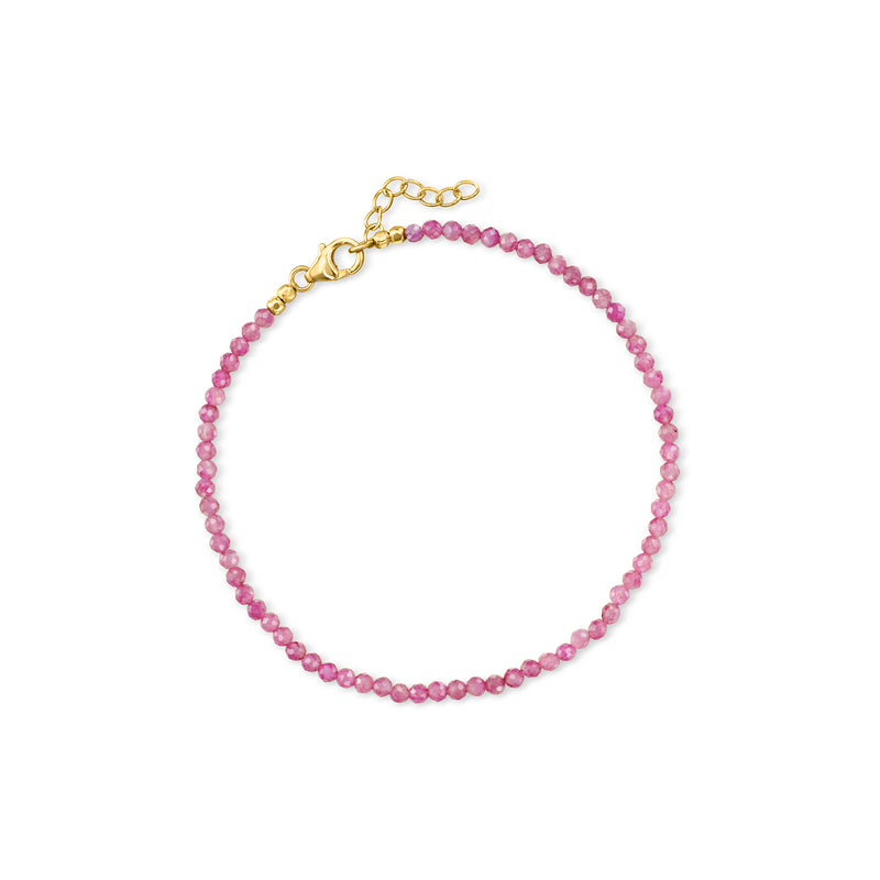 Pink tourmaline bead anklet with 18kt gold over sterling clasp, round beads