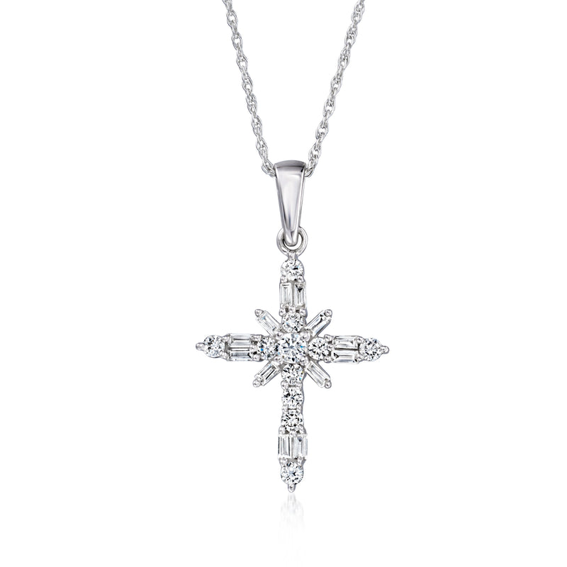 Sterling silver diamond cross pendant necklace with round-cut stones on chain