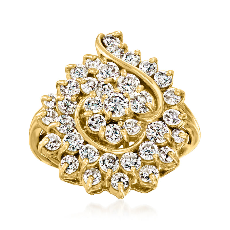14kt yellow gold diamond swirl ring with clustered round stones, prong-set halo design