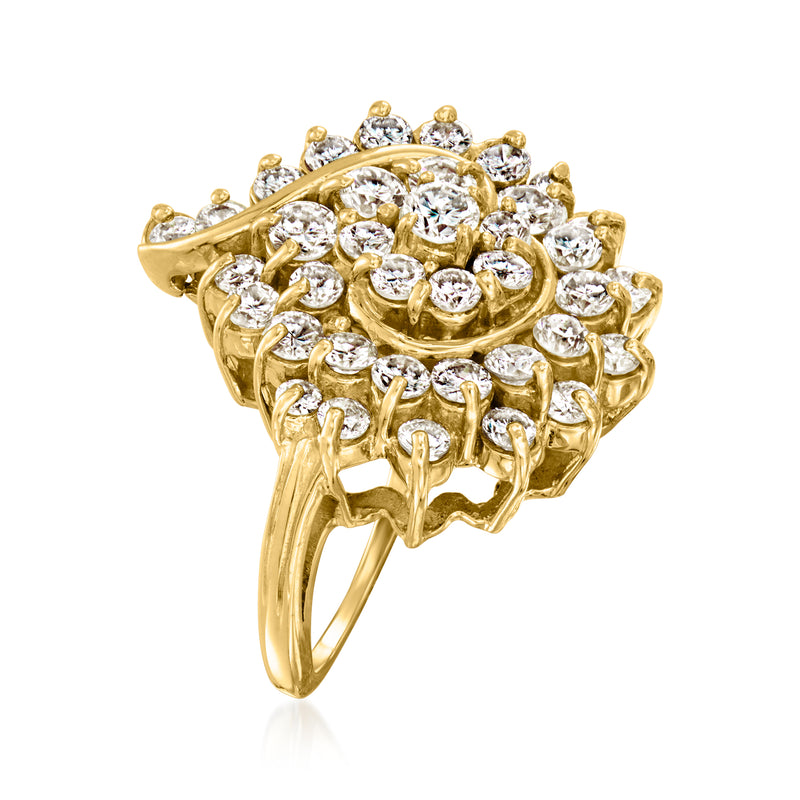 Yellow gold diamond swirl ring with round stones and openwork halo, side view