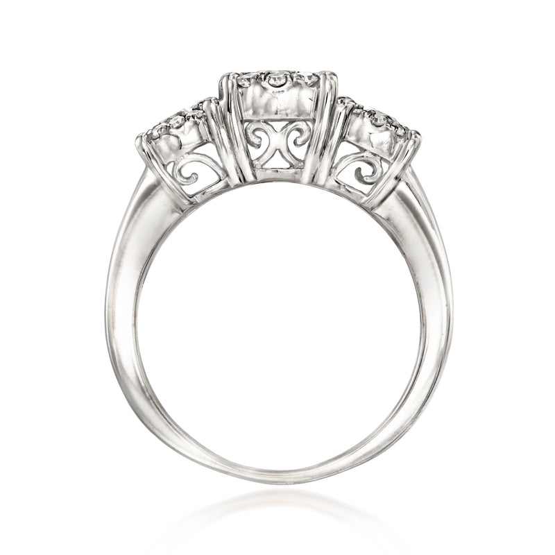 White gold diamond cluster ring view from below showing gallery and prongs