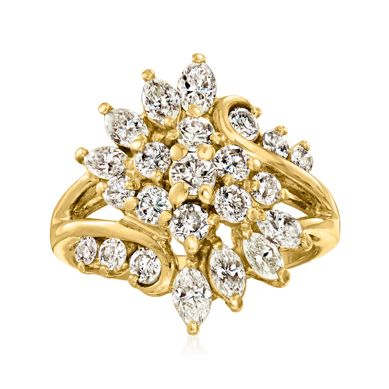 Yellow gold vintage diamond cluster ring with marquise and round stones, split band