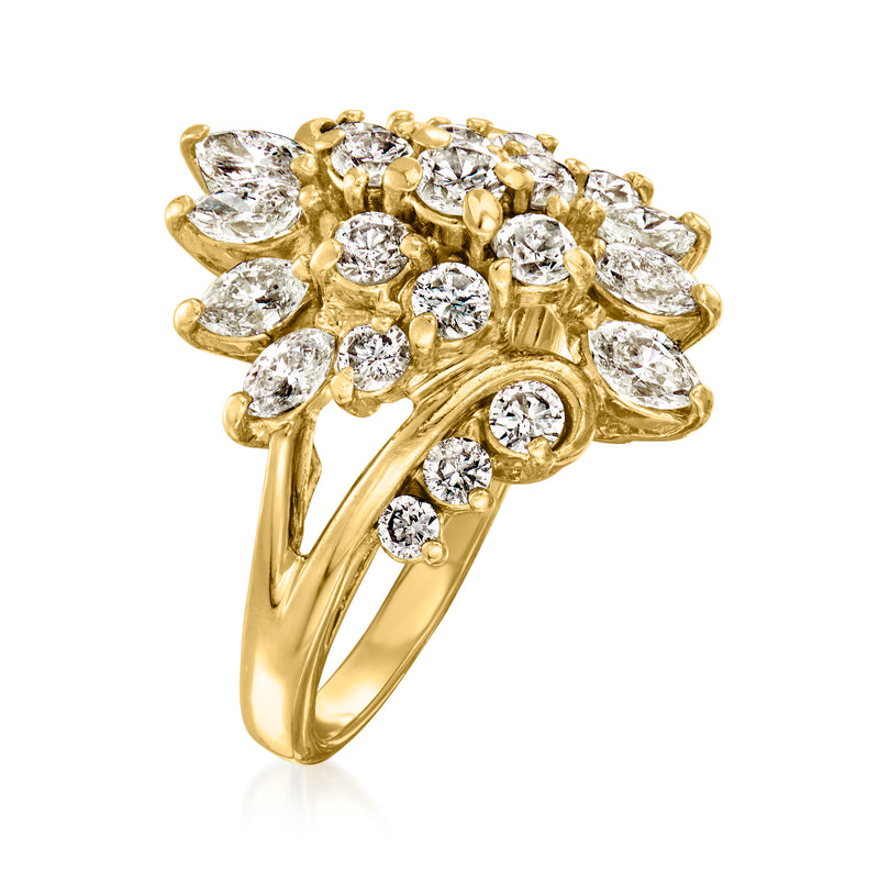 Yellow gold diamond cluster ring with marquise and round stones, openwork gallery
