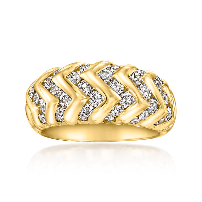 18kt yellow gold chevron diamond band ring with alternating diamond rows