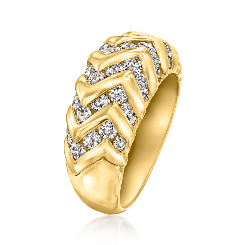 18kt yellow gold chevron diamond band ring, side view with raised diamond sections