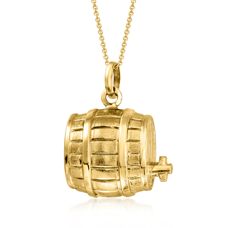 Vintage 18k yellow gold barrel keg pendant on chain, side view