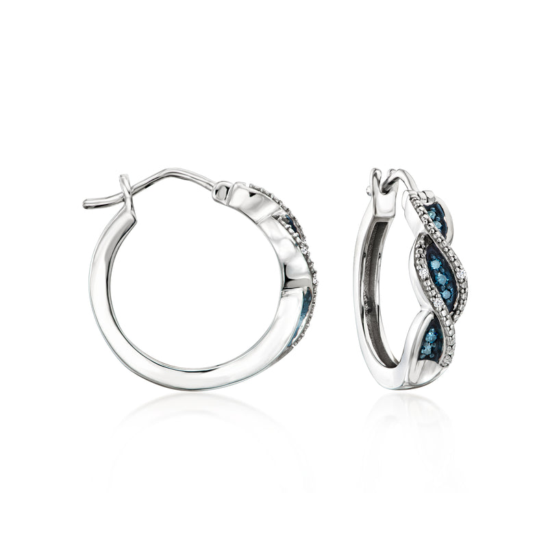 Sterling silver twisted hoop earrings with blue diamond-style accents, hinged