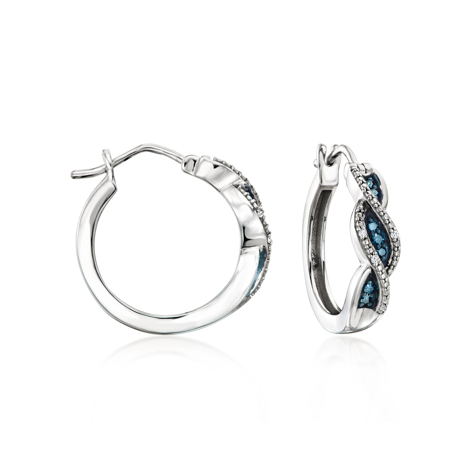 .15 ct. t.w. White and Blue Diamond Twisted Hoop Earrings in Sterling Silver