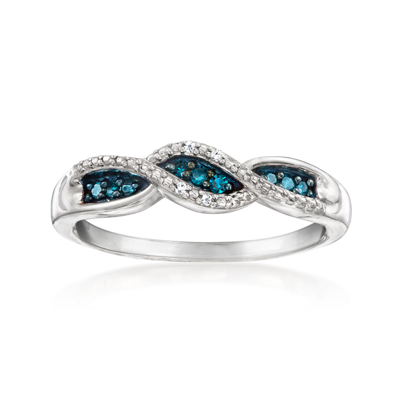Sterling silver twisted ring with white and blue diamonds