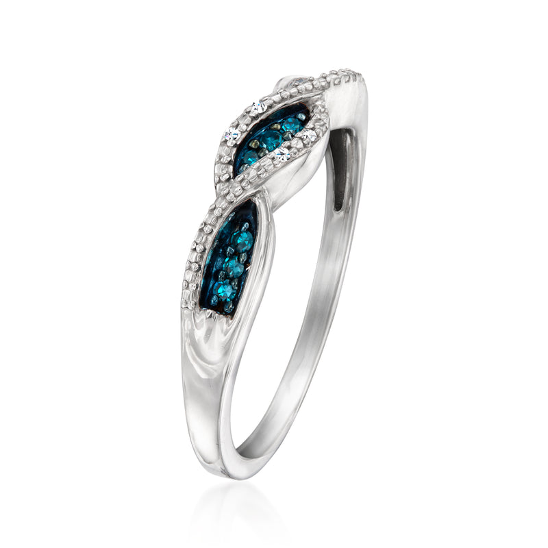 Sterling silver twisted ring with white and blue diamonds