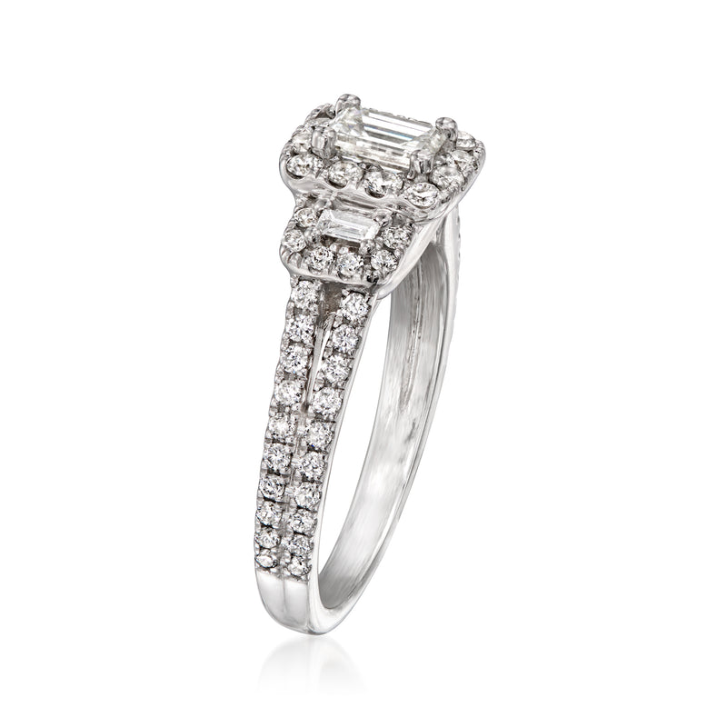 White gold diamond engagement-style ring with rectangular center stone and pave detail.