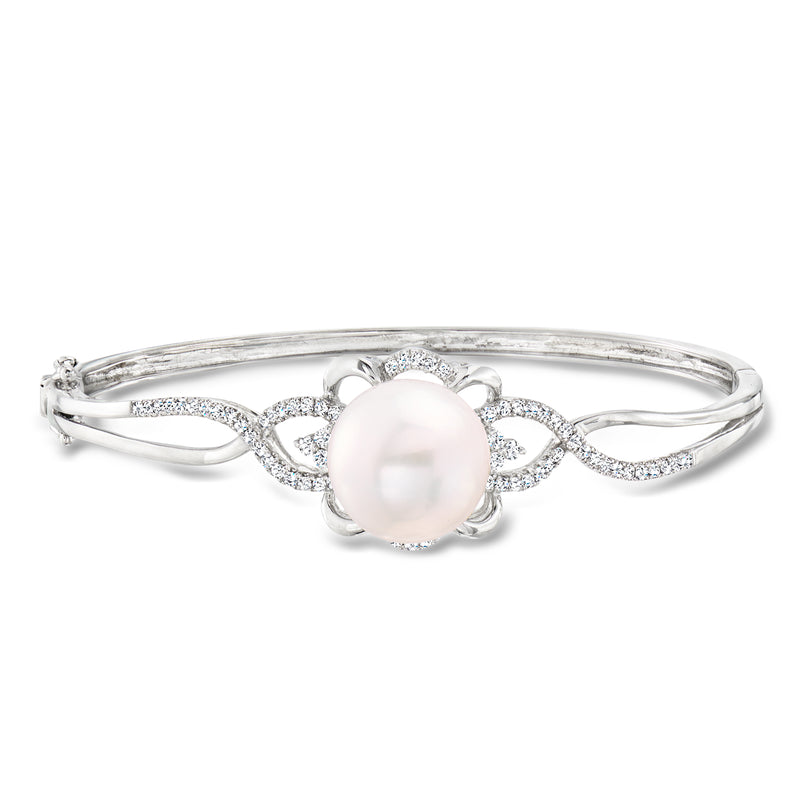 Cultured pearl and diamond bangle bracelet in white gold