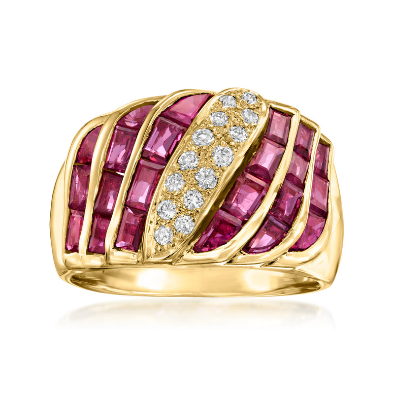 Vintage 18k yellow gold ring with oval ruby cabochons and diamond accents