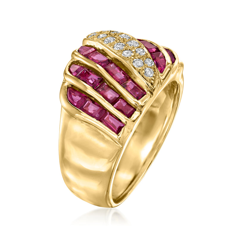 Vintage yellow gold ring with purple baguette rubies and diamond halo top