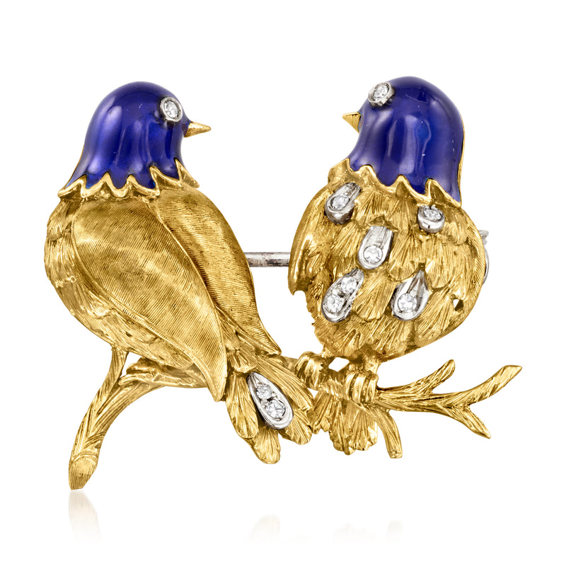 Gold bird pin with blue enamel, diamond accents, two birds facing each other