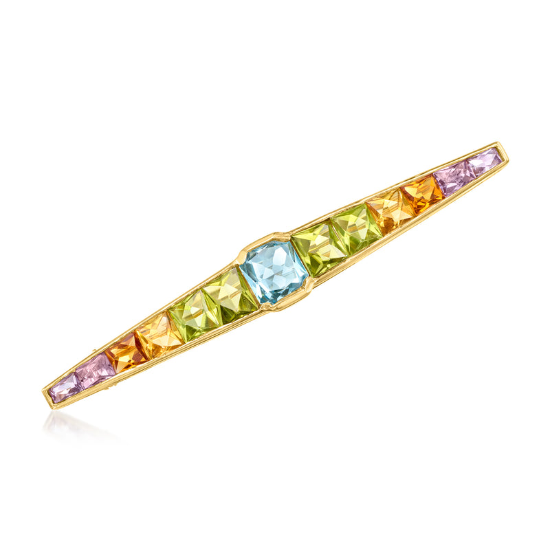14kt yellow gold bar pin with multicolor gemstones in purple, orange, green, blue settings