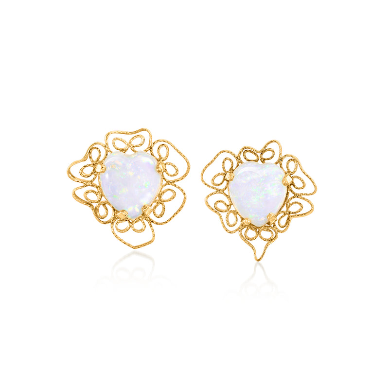 14kt yellow gold opal heart stud earrings with ornate filigree, post backs