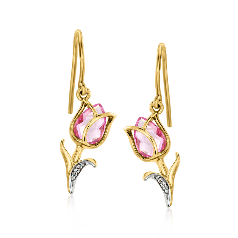 Pink tulip drop earrings with gold earwires, pink gemstones and white topaz accents