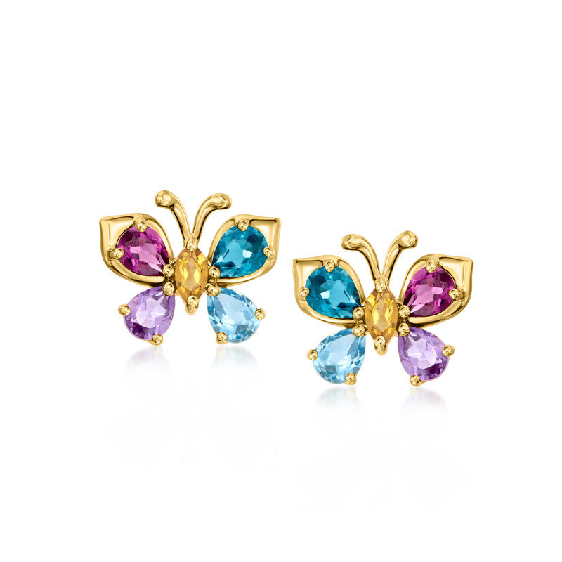 Butterfly post earrings in gold with purple, blue, and pink gemstone accents