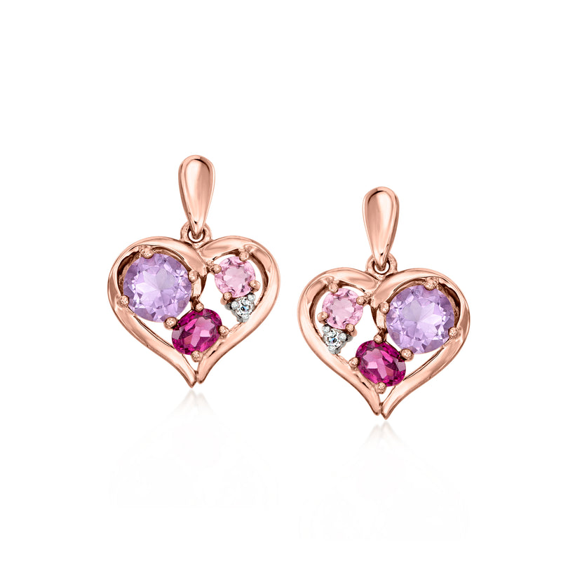 Rose gold heart drop earrings with purple and pink gemstones in a heart setting