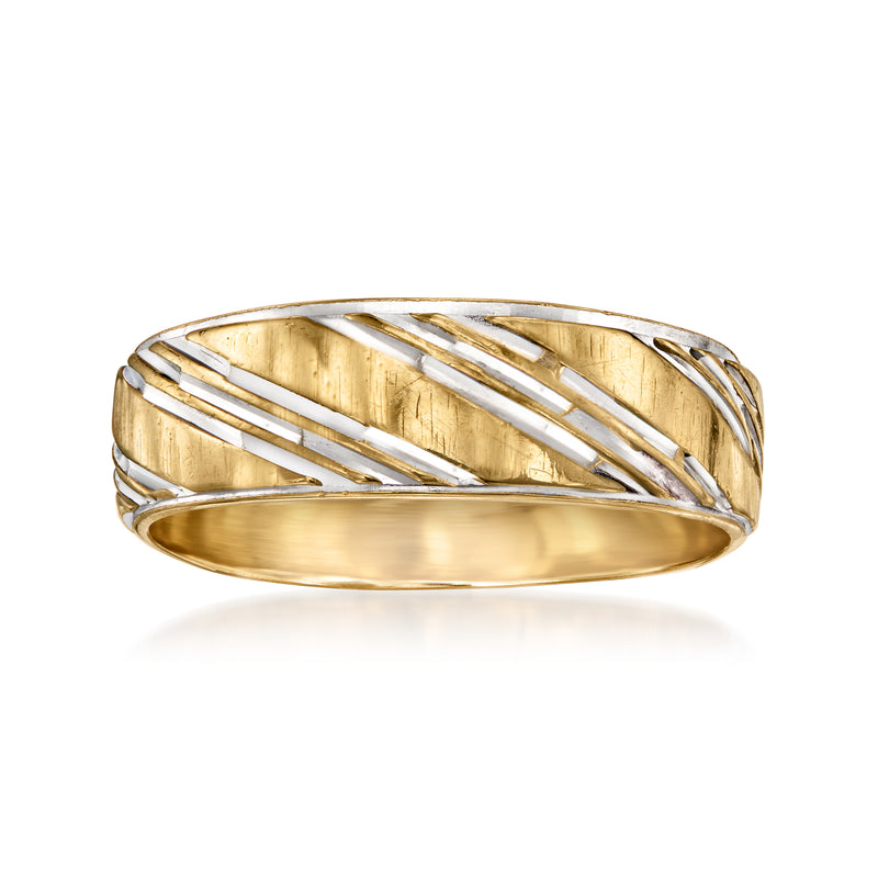 Two-tone gold striped wedding band with silver-toned inlay lines across the top.