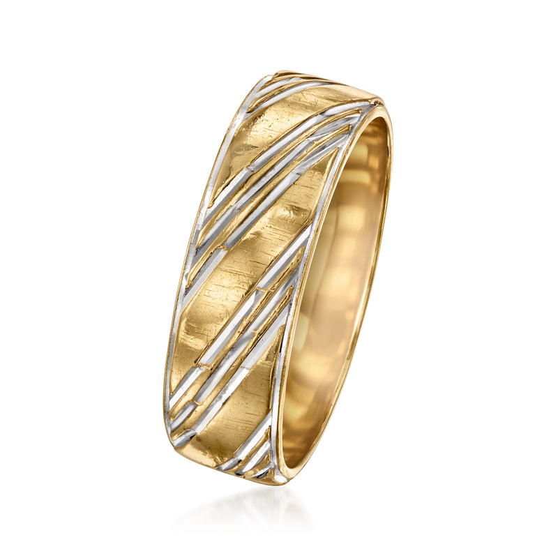 Two-tone gold striped wedding band with silver-toned channels and textured gold center.