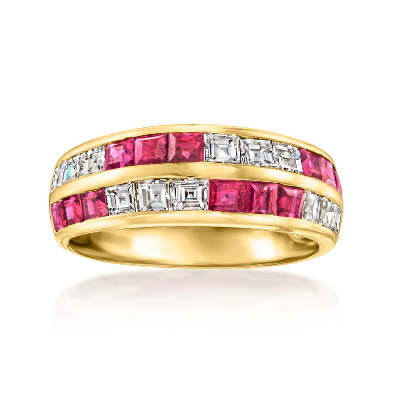 18kt yellow gold ring with ruby and diamond baguettes, domed top