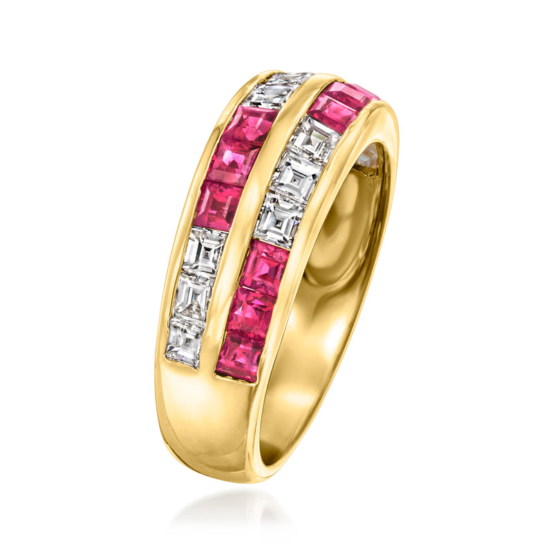 Side view 18kt yellow gold ring with pink ruby and white diamond baguettes