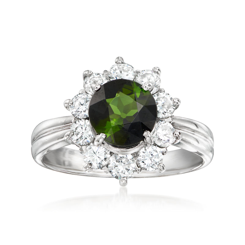 Platinum ring with green round tourmaline center and diamond halo