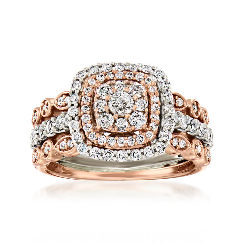 Two-tone diamond ring with square halo, pavé band, and split shank