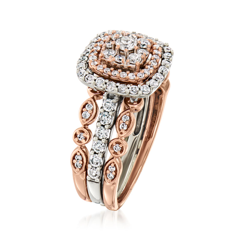 Two-tone gold diamond ring with square cluster top and pavé split shank