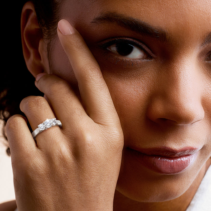 Three-stone diamond ring on finger, prong-set center diamond with two side diamonds