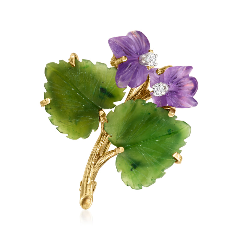 Yellow gold flower pin with green jade leaves, purple amethyst blossoms, and small diamond accents