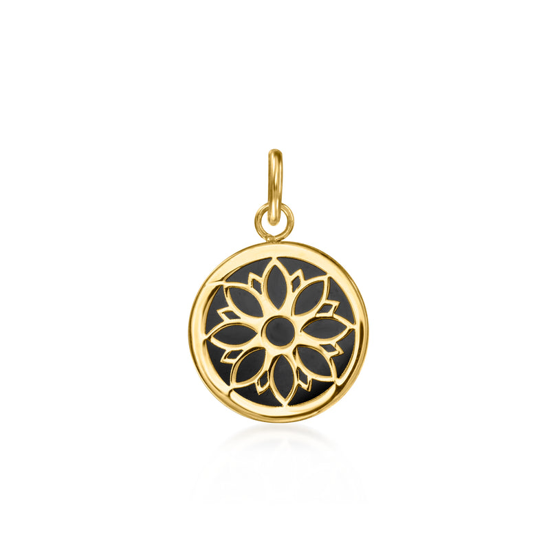 14kt yellow gold flower charm with black enamel center and loop bail