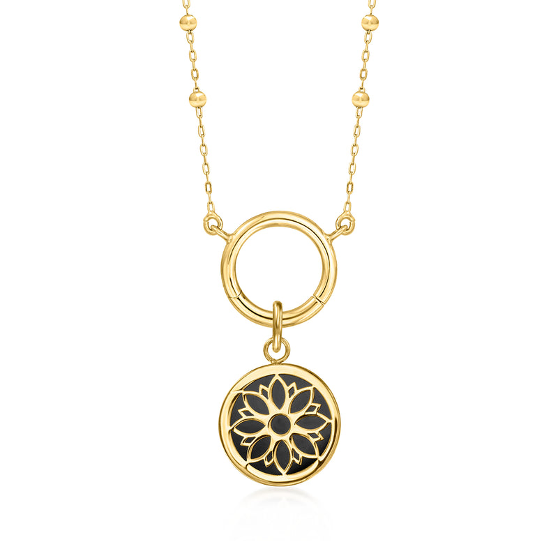 14kt yellow gold flower charm pendant with black enamel sunburst design